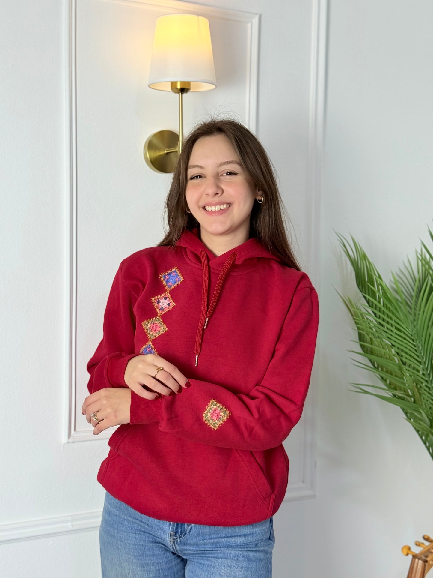 Red Hoodie with Palestinian Tatreez Embroidery | Handmade