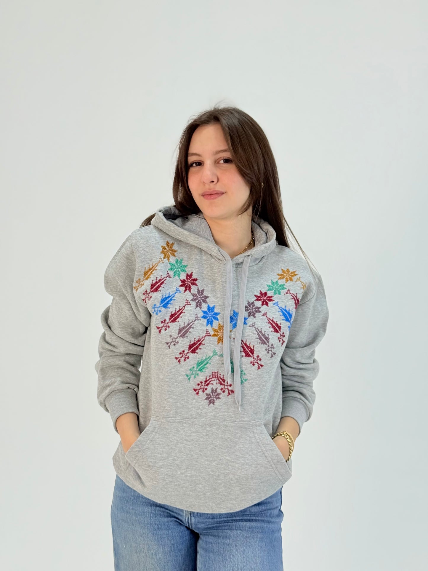 Grey Embroidered Hoodie with Kanaan Star | Tatreez Banatna