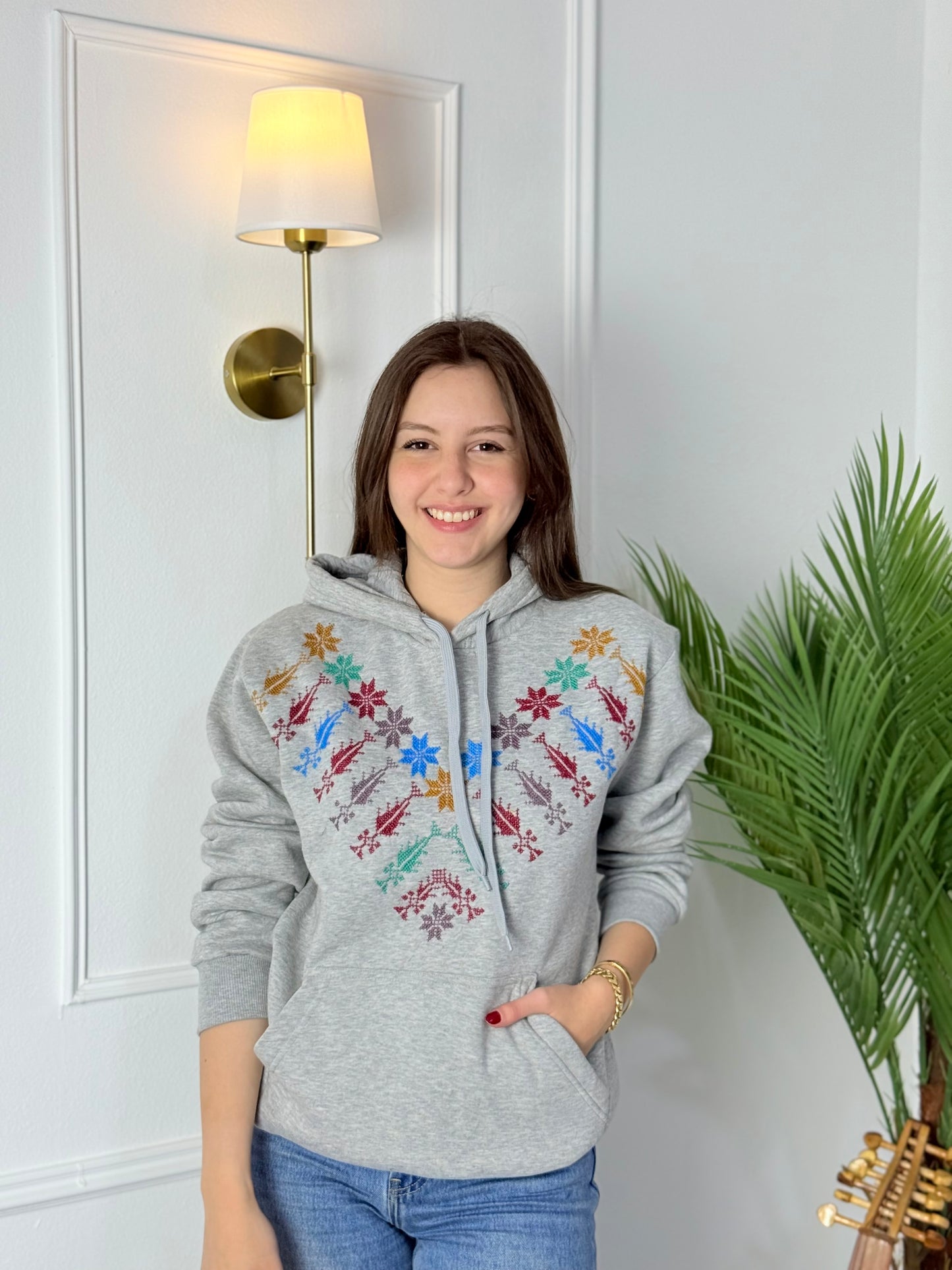 Grey Embroidered Hoodie with Kanaan Star | Tatreez Banatna