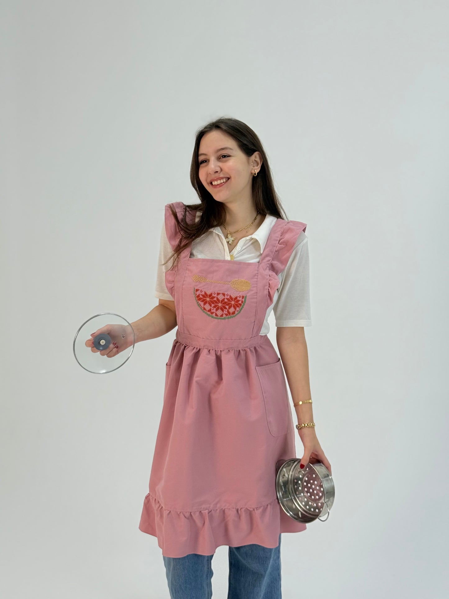 Pink Waterproof Apron with Embroidered Watermelon | Handmade