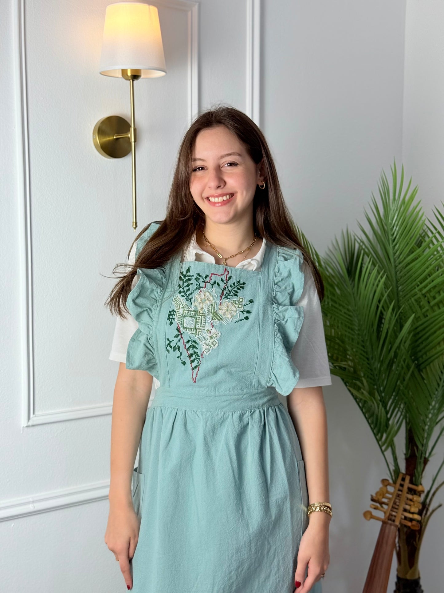 Green Waterproof Apron with Embroidered Palestine Map | Handmade