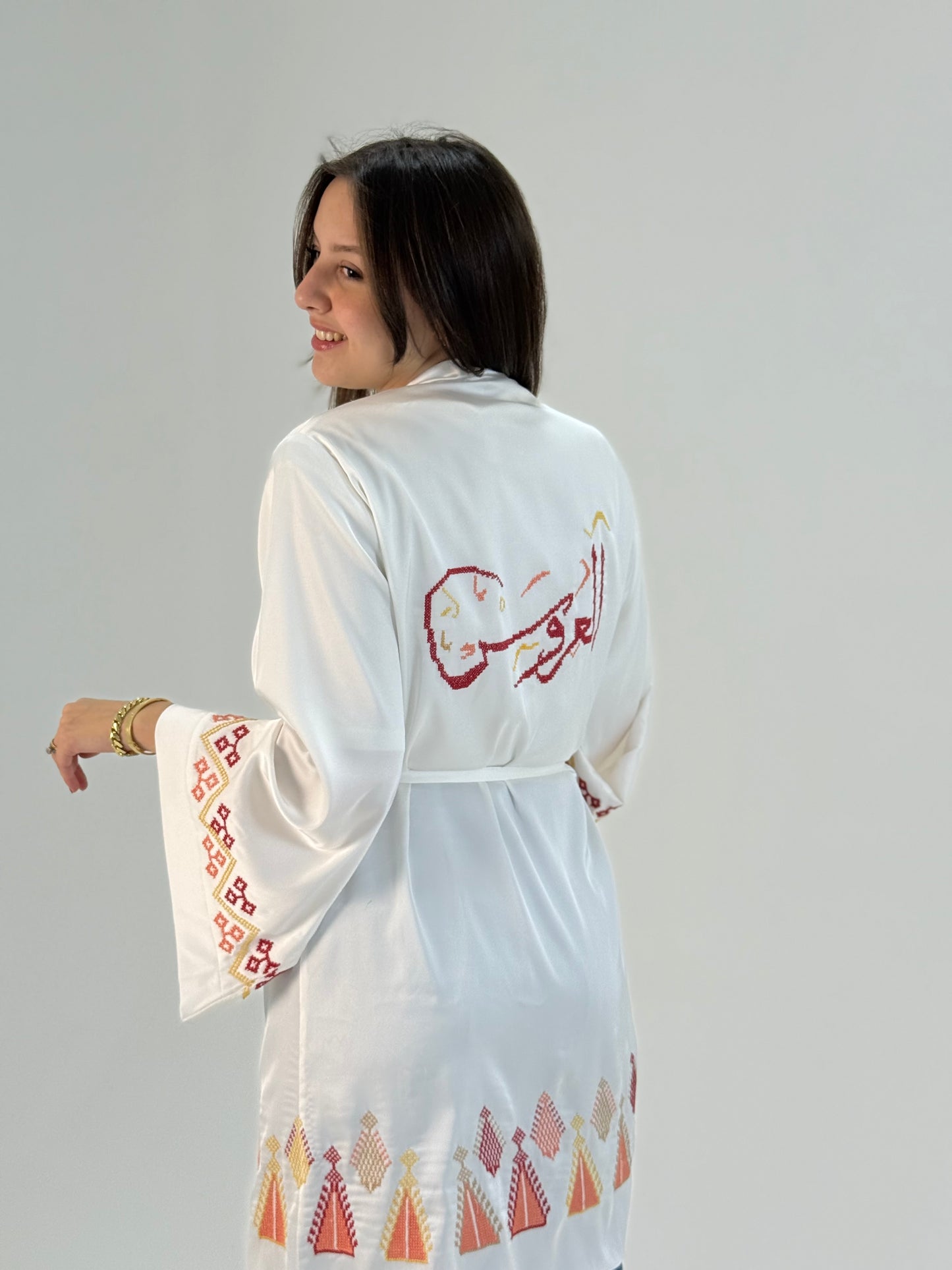 Palestinian Bride Robe with Tatreez Embroidery | Handmade Silk Bridal Thoub