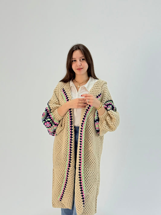 Handmade crochet cardigan in beige with bright color granny squares, oversized cozy boho layering piece