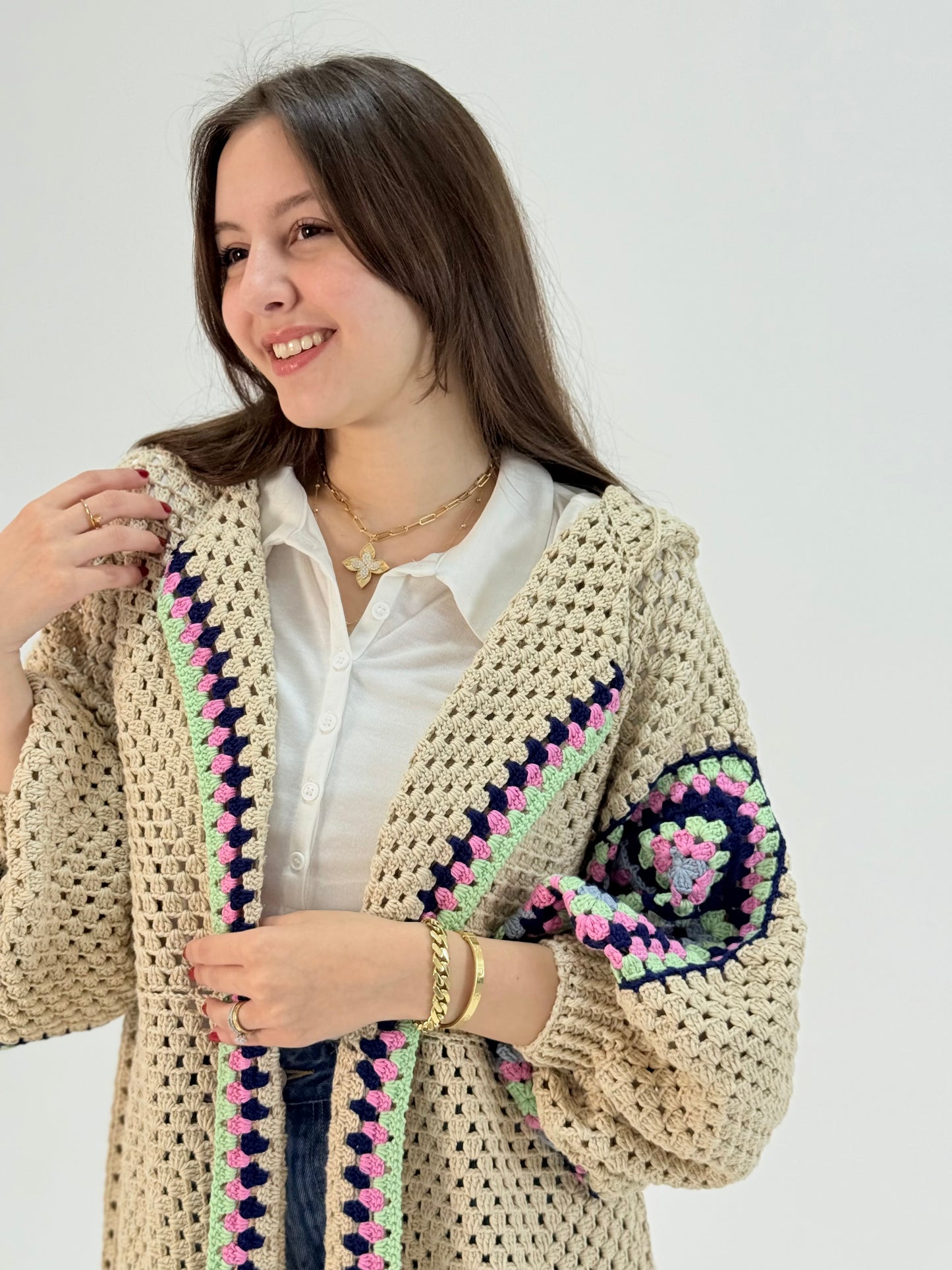 Handmade Crochet Beige Cardigan with Bright Colors | Tatreez Banatna