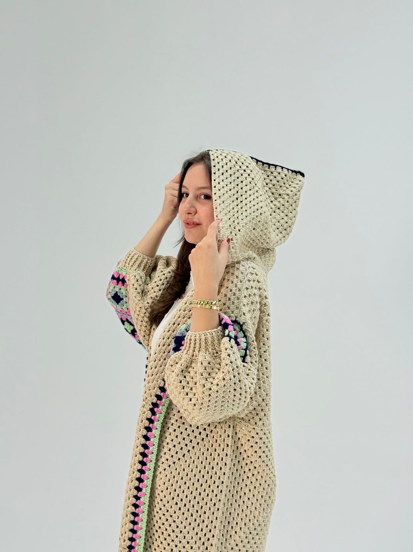 Handmade Crochet Beige Cardigan with Bright Colors | Tatreez Banatna