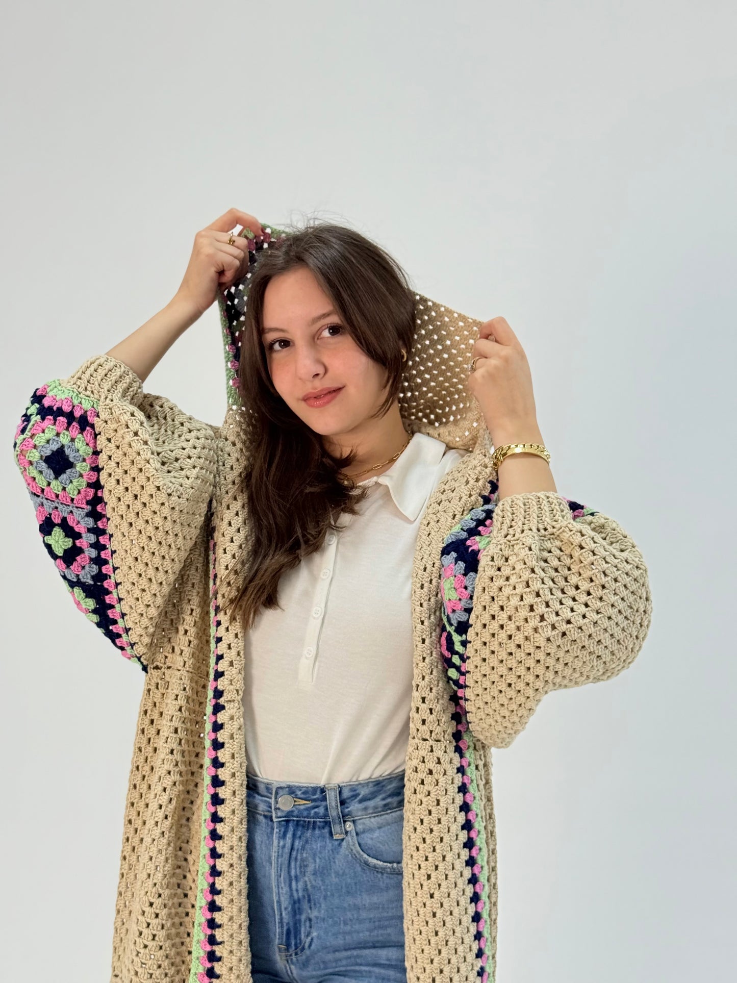 Handmade Crochet Beige Cardigan with Bright Colors | Tatreez Banatna