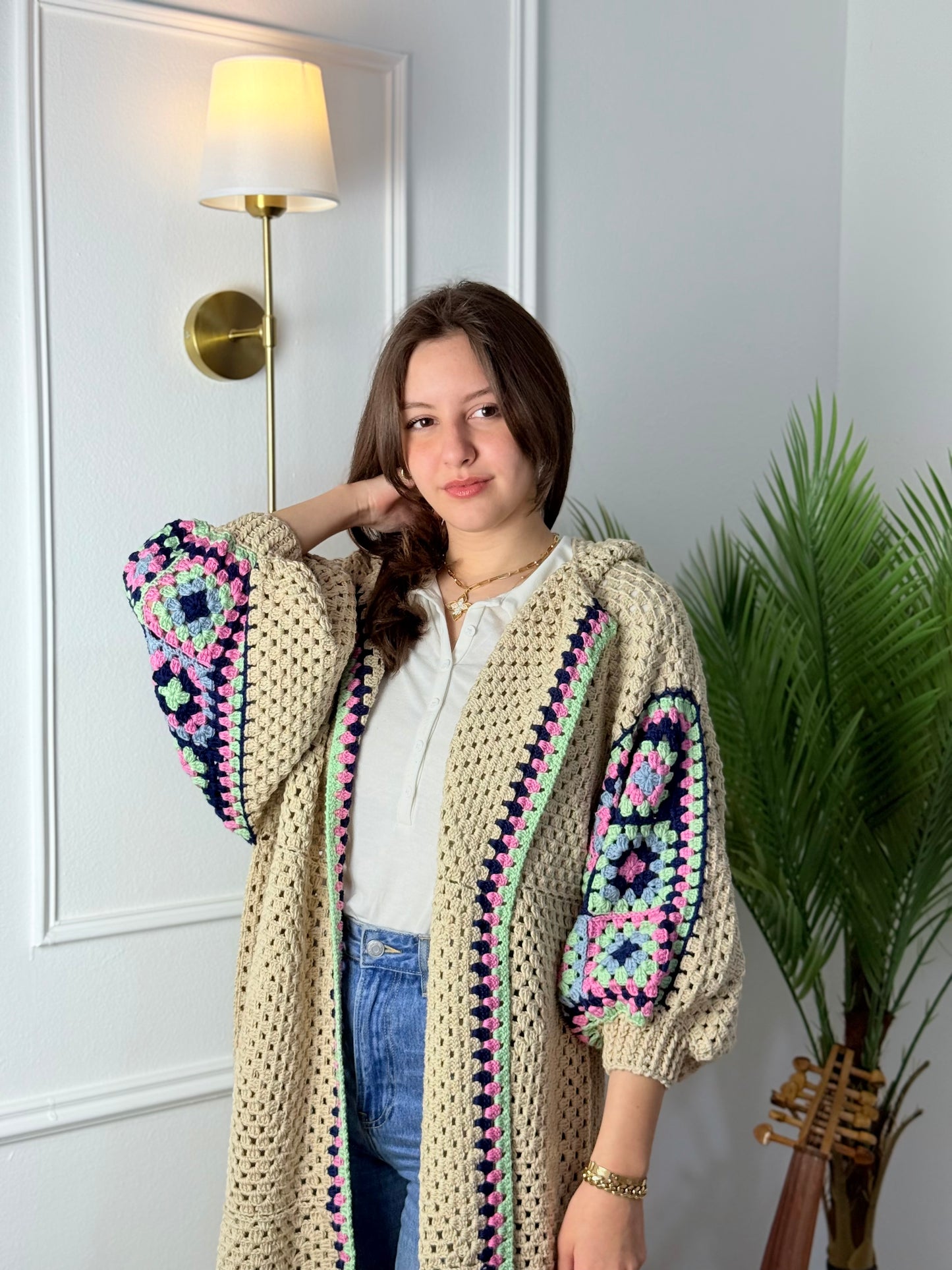 Handmade Crochet Beige Cardigan with Bright Colors | Tatreez Banatna