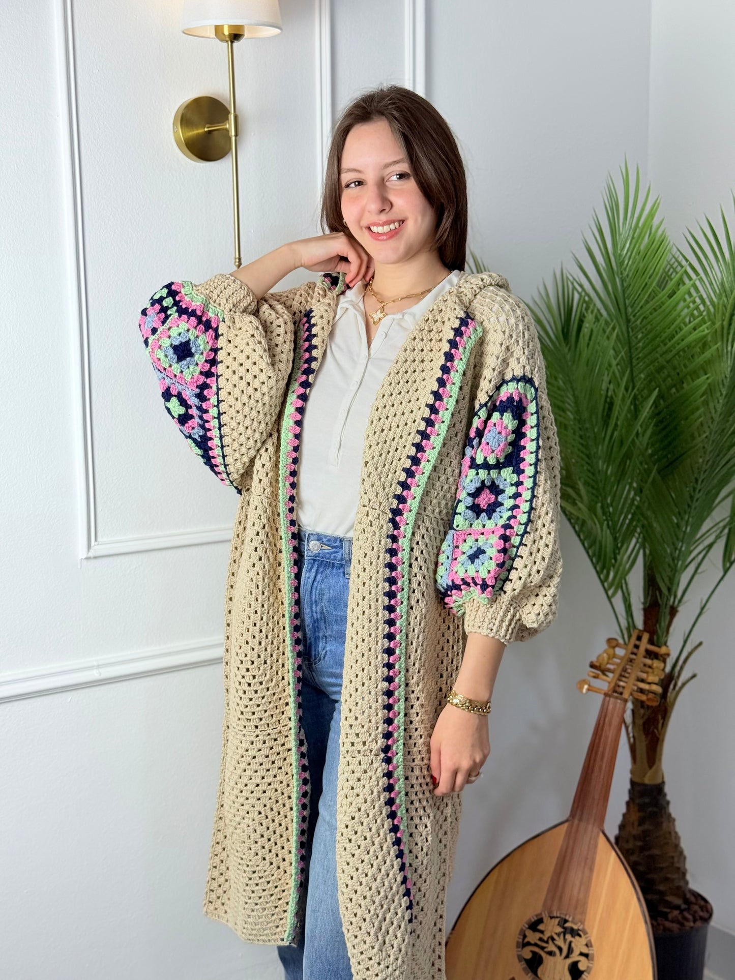 Handmade Crochet Beige Cardigan with Bright Colors | Tatreez Banatna