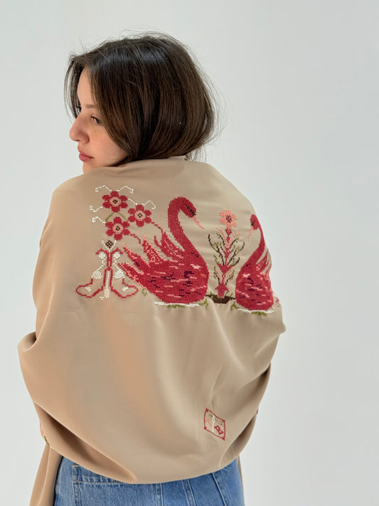 Beige georgette crepe shawl with red swan and floral embroidery, handmade by women artisans.