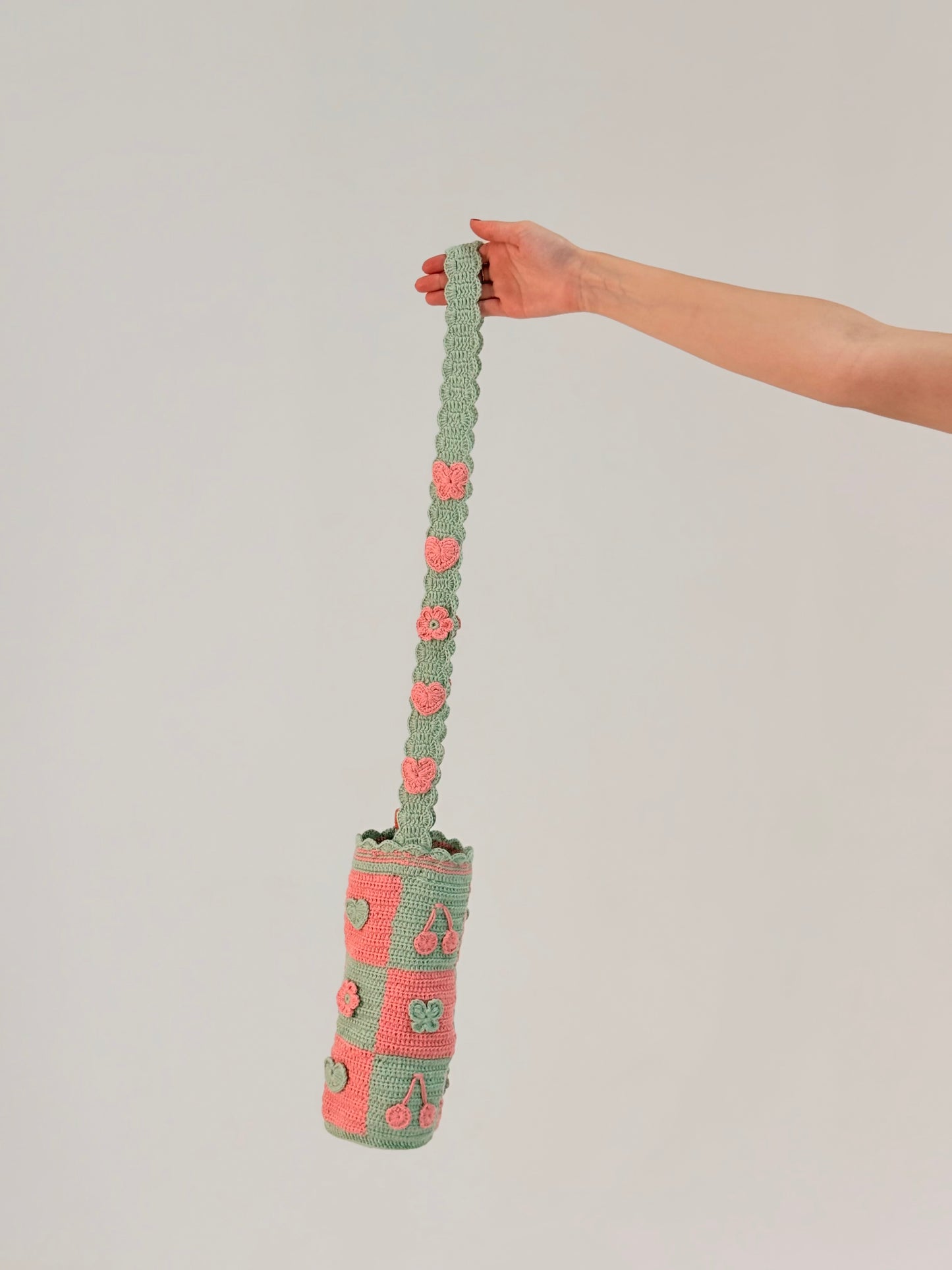Crochet Bottle Holder | Teal & Peach Geometric | Tatreez Banatna