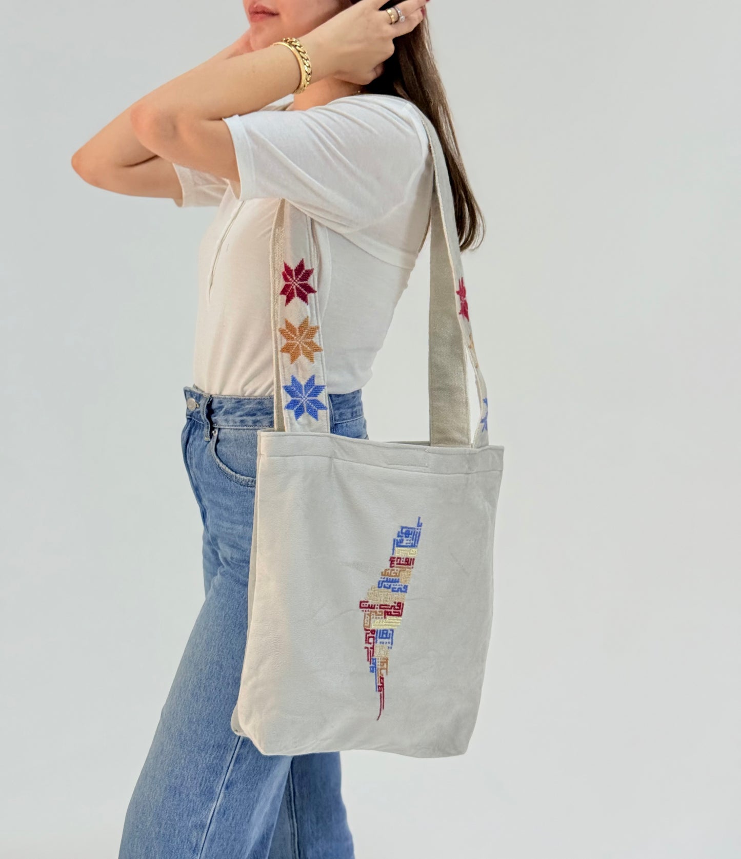 Handmade Shemwa tote bag with embroidered Palestinian map and floral strap details, crafted by Palestinian women artisans.