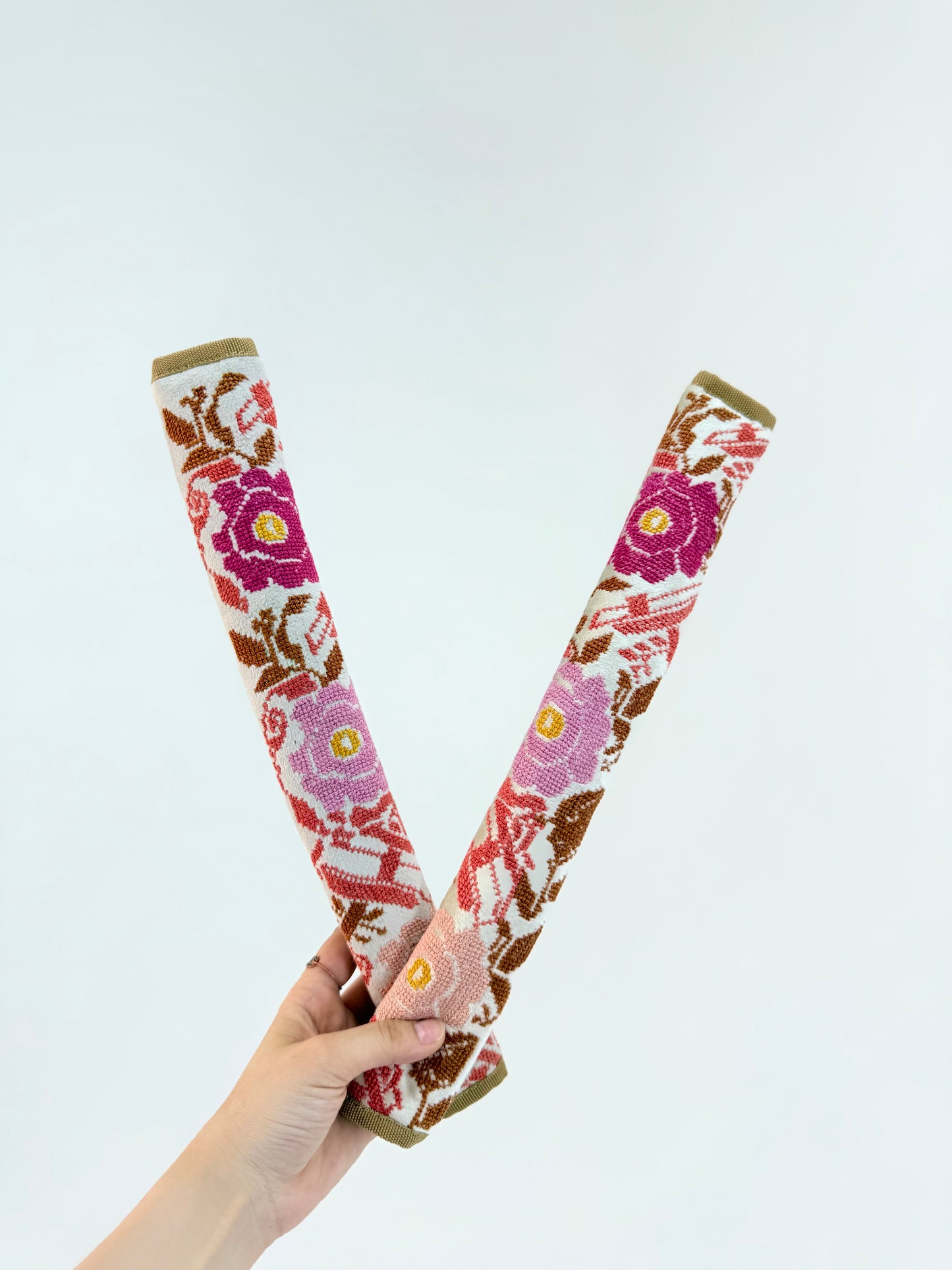 Handmade floral embroidered tatreez seatbelt cover for car, soft padded comfort, Palestinian artisan craft