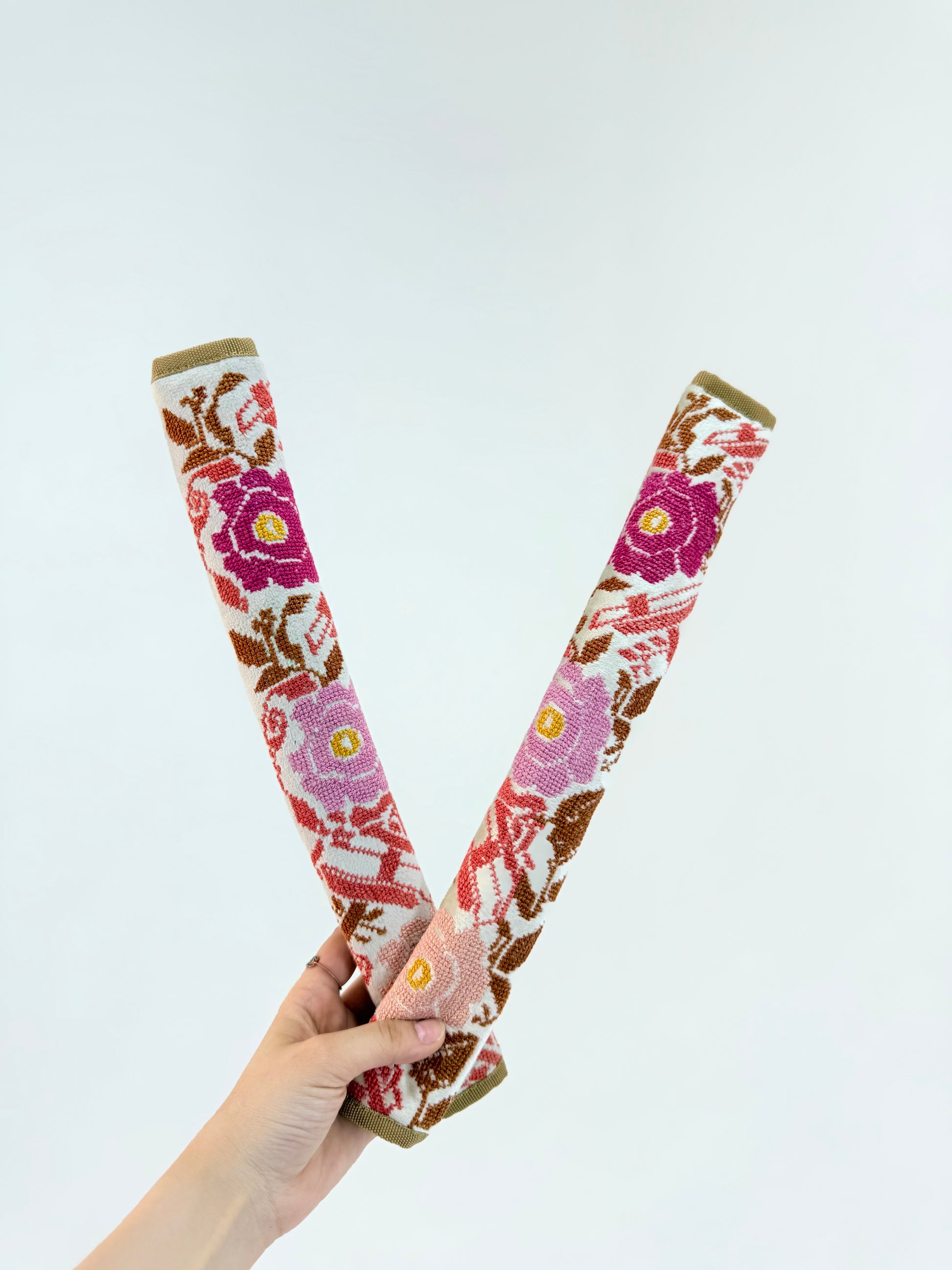 Handmade floral embroidered tatreez seatbelt cover for car, soft padded comfort, Palestinian artisan craft