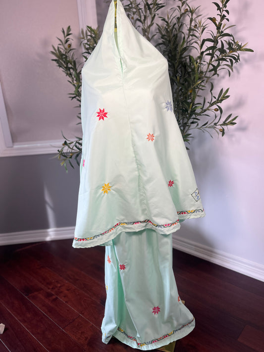 Handmade Light Green Prayer Set with Embroidery and Sleeves | Two-Piece Khimar & Skirt