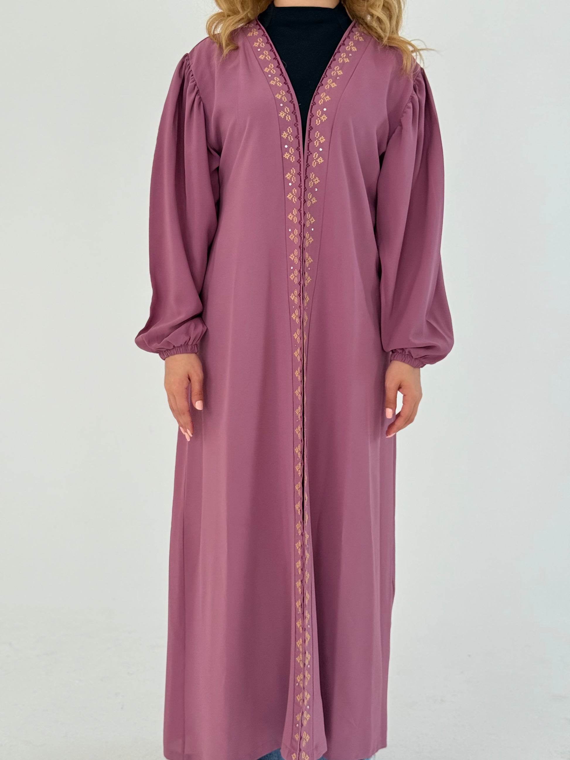 Handmade tatreez embroidered light purple Palestinian thoub dress