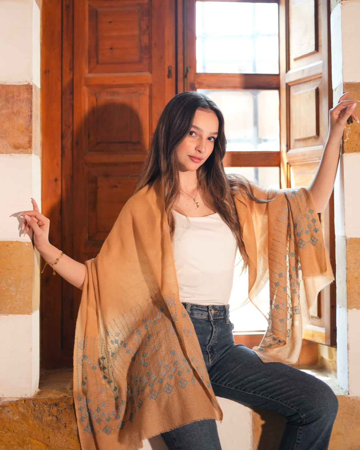 Camel Pashmina Embroidered Shawl | Tatreez Banatna