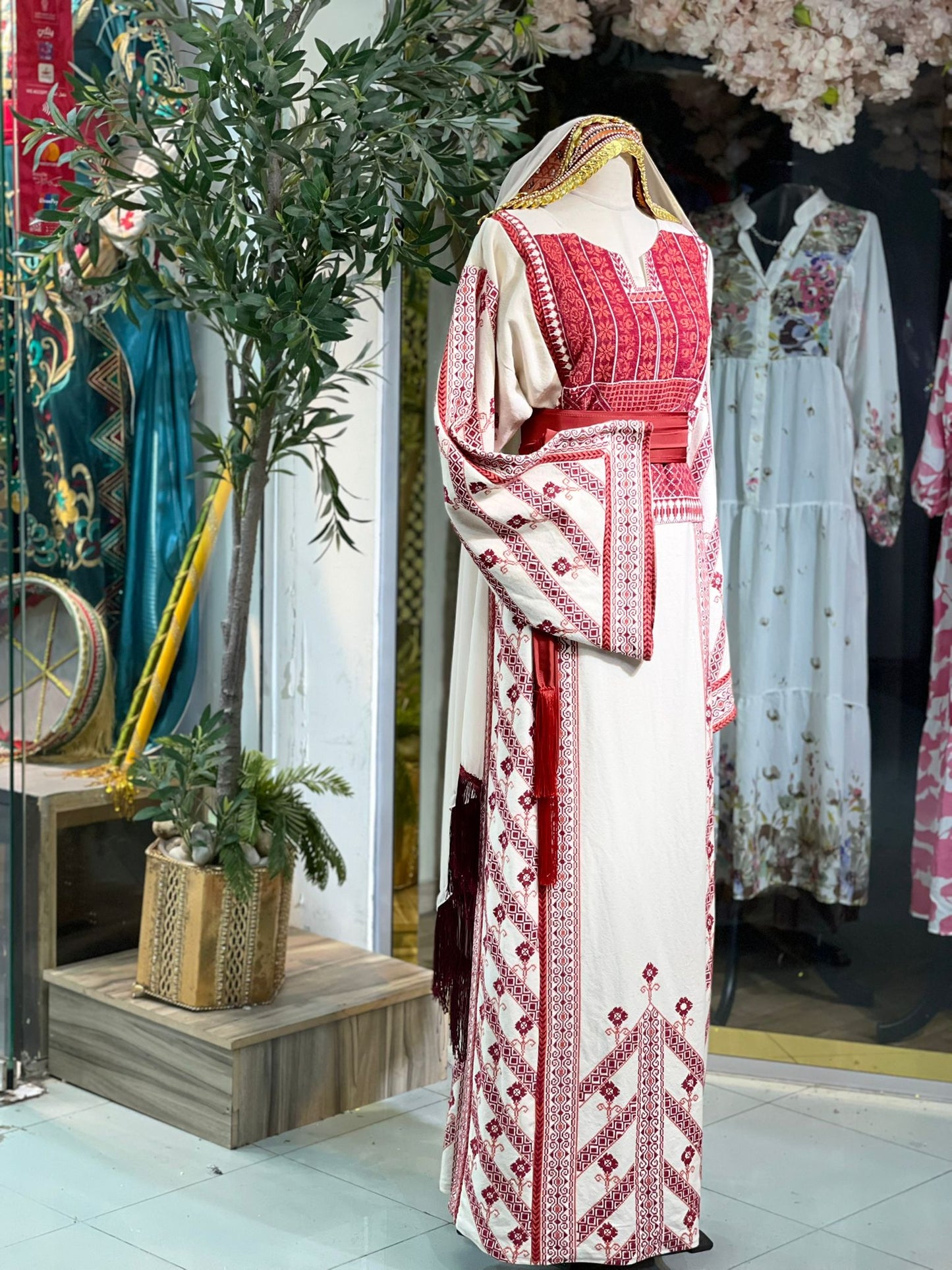 Exquisite Hand-Made Off-White Thoub with Red and Orange Palestinian Embroidery from Yata Al Khalil
