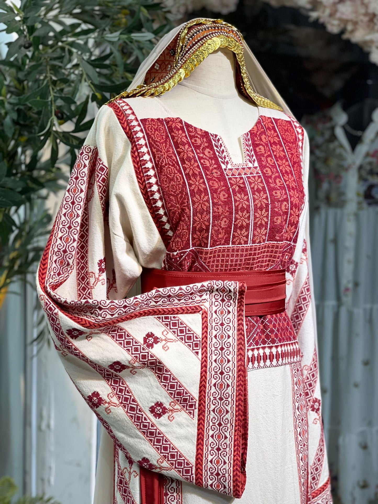 Exquisite Hand-Made Off-White Thoub with Red and Orange Palestinian Embroidery from Yata Al Khalil