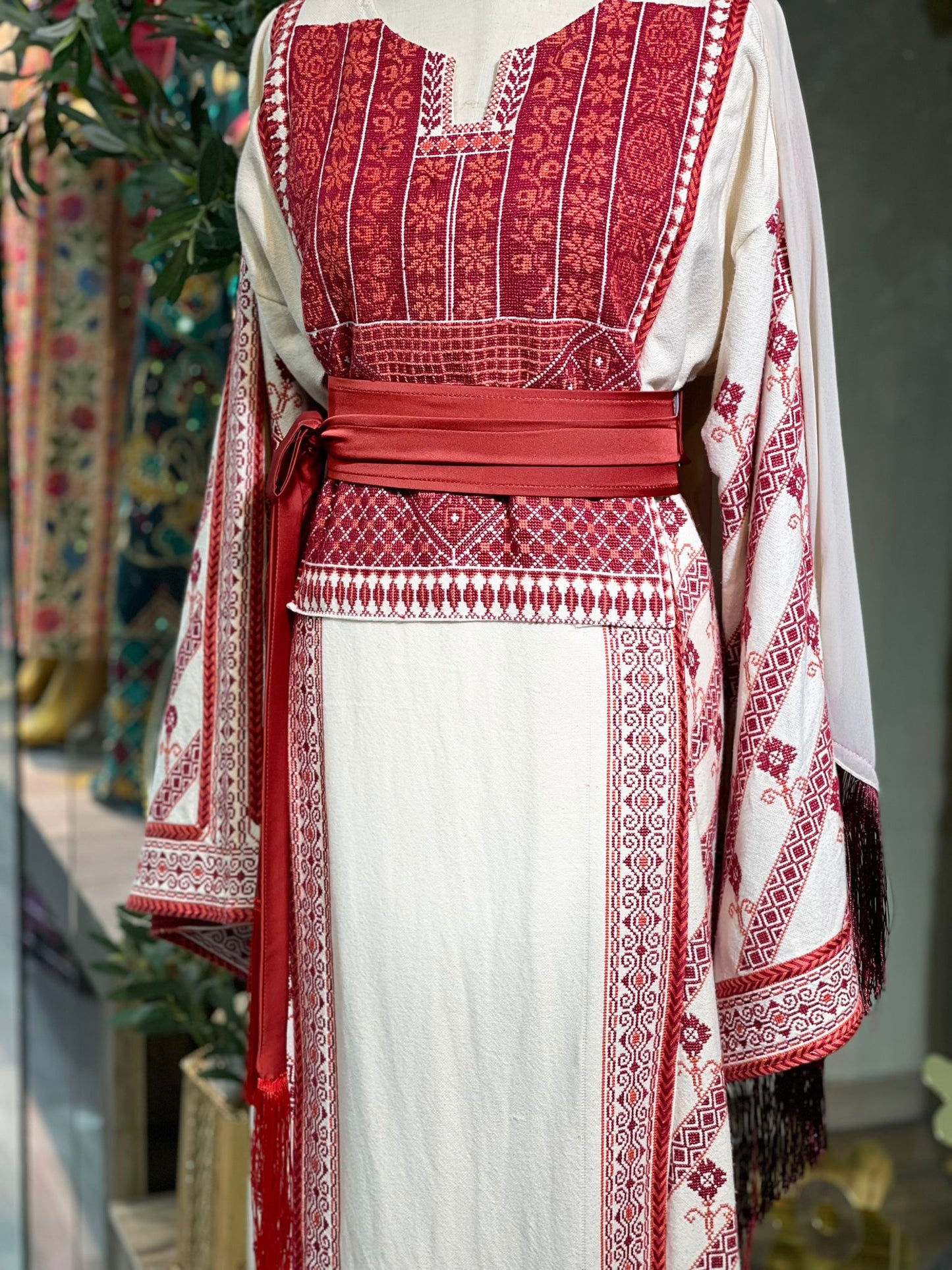 Exquisite Hand-Made Off-White Thoub with Red and Orange Palestinian Embroidery from Yata Al Khalil