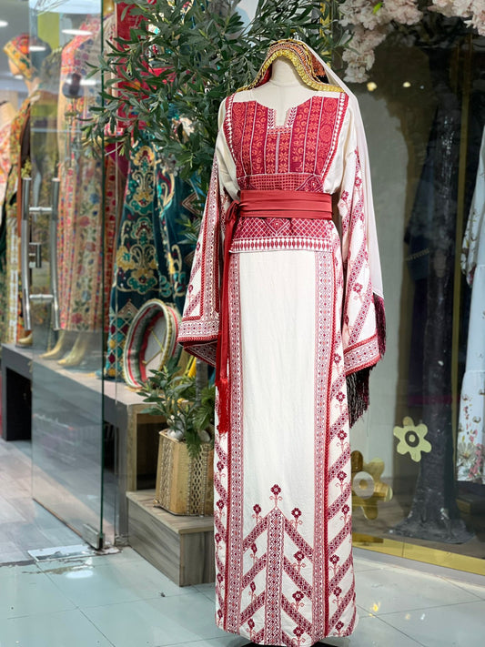 Exquisite Hand-Made Off-White Thoub with Red and Orange Palestinian Embroidery from Yata Al Khalil