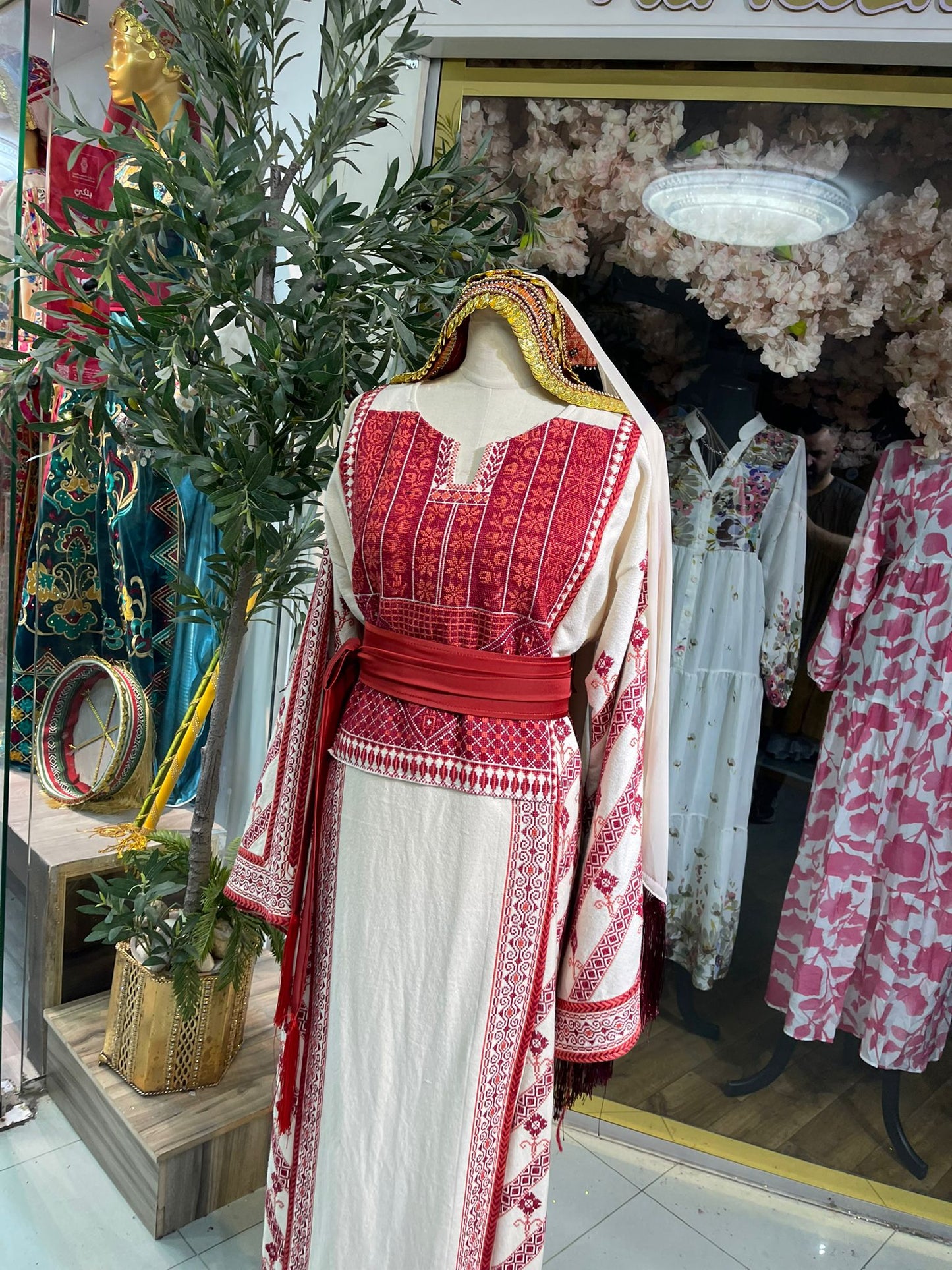 Exquisite Hand-Made Off-White Thoub with Red and Orange Palestinian Embroidery from Yata Al Khalil
