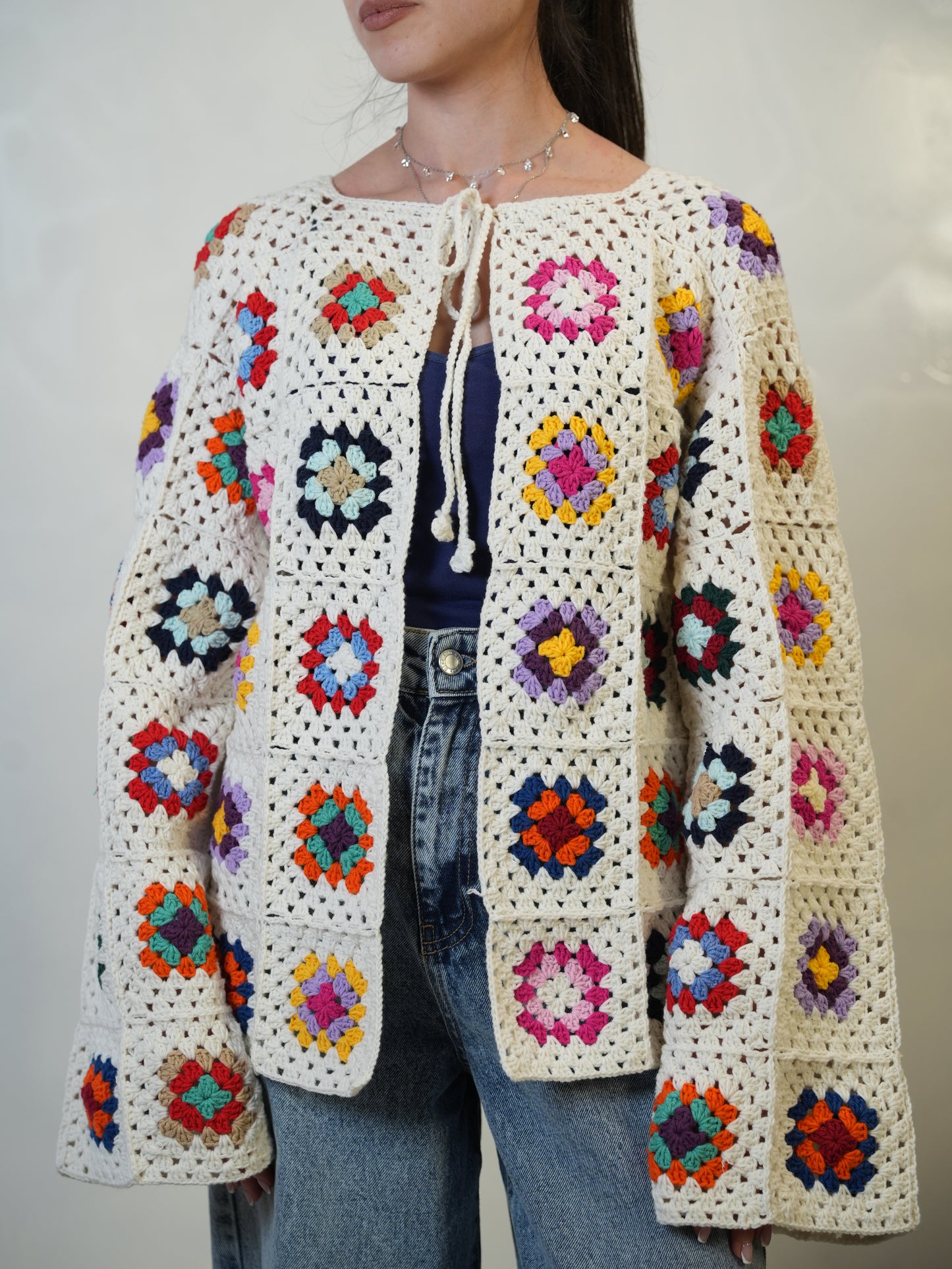 Off White Crochet Cardigan with Colorful Squares | Tatreez Banatna