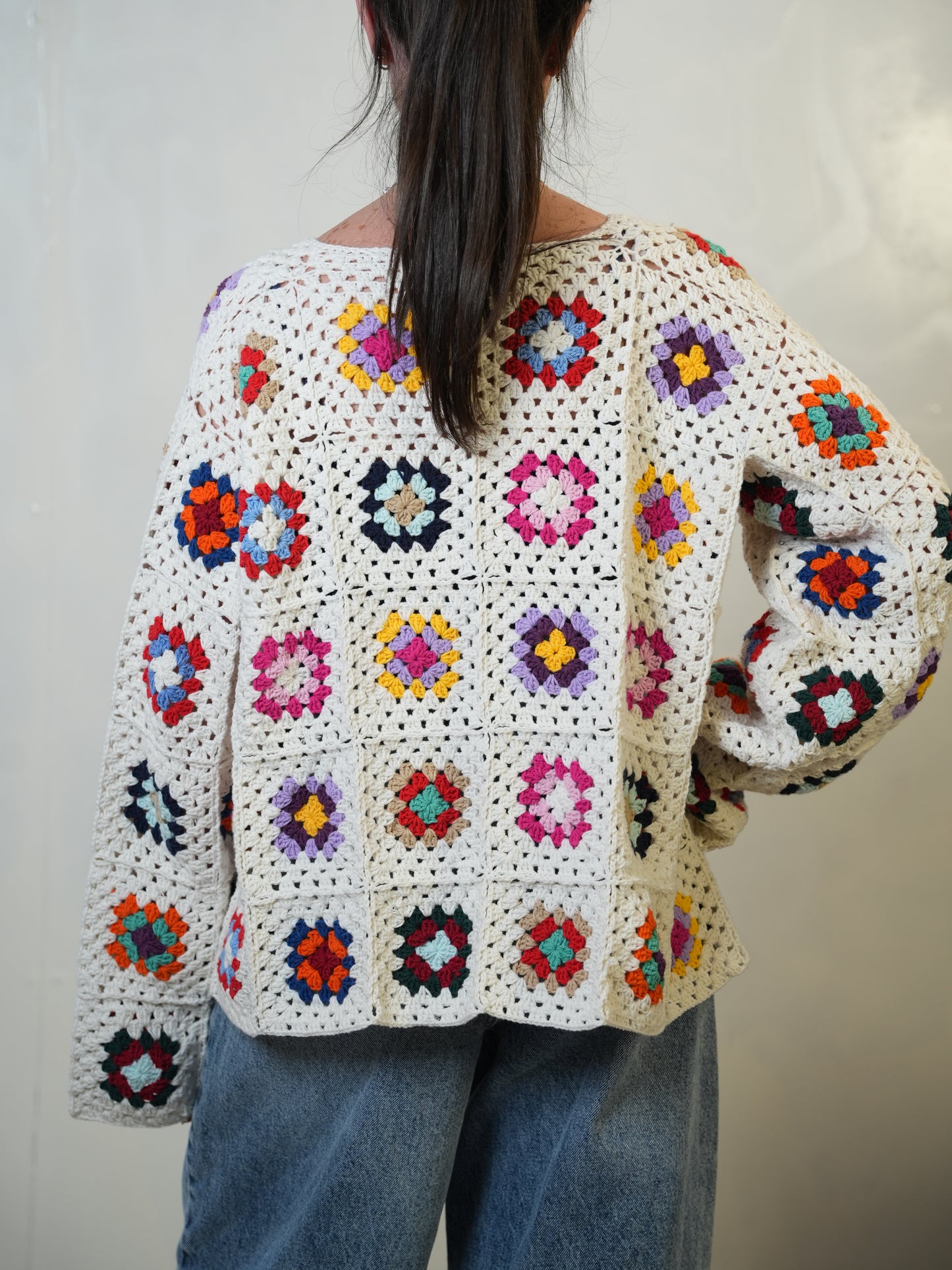 Off White Crochet Cardigan with Colorful Squares | Tatreez Banatna