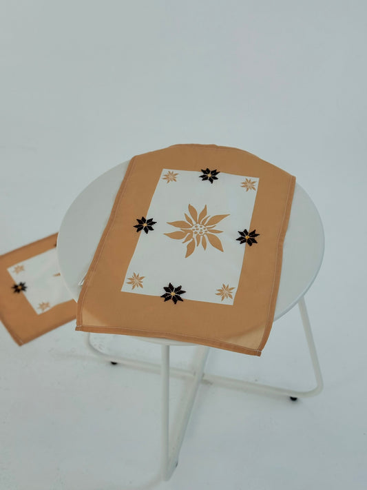 Handmade tatreez embroidered table cover champagne gold with floral design