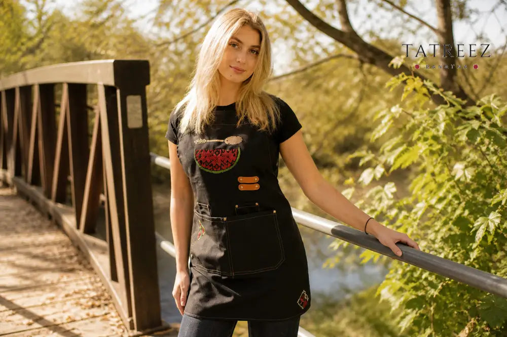 Adjustable Grey-Strap Apron with Hand-Embroidered Watermelon Design and Spoon in Cumon Color - Clothing & Wearables