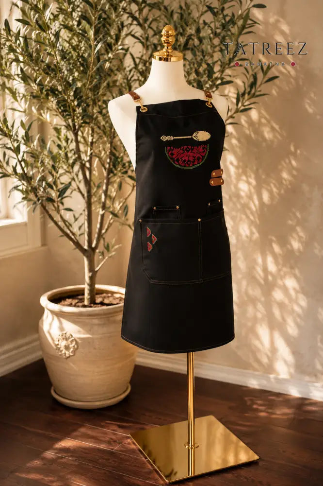 Adjustable Grey-Strap Apron with Hand-Embroidered Watermelon Design and Spoon in Cumon Color - Clothing & Wearables