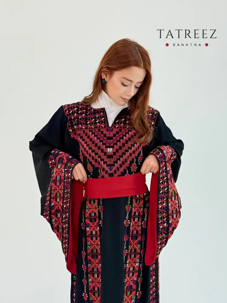 Stunning Hand Embroidered Black Abaya with Red Belt | Elegant Crepe Design Black Clothing & Wearables