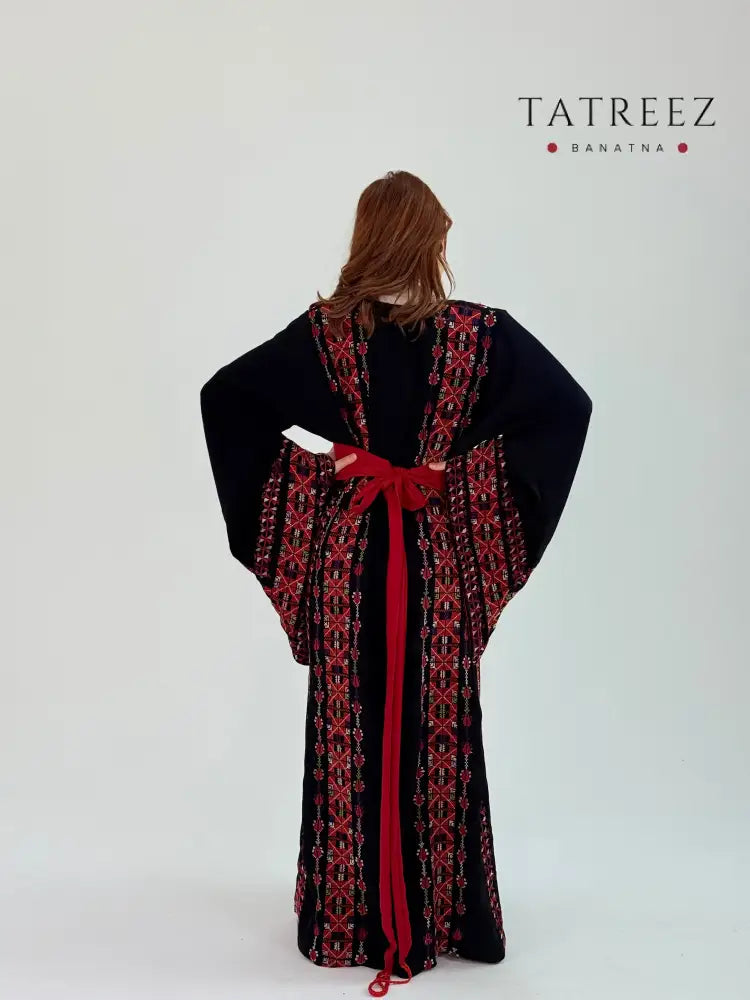 Stunning Hand Embroidered Black Abaya with Red Belt | Elegant Crepe Design Black Clothing & Wearables