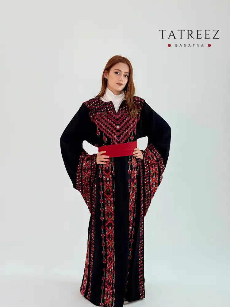 Stunning Hand Embroidered Black Abaya with Red Belt | Elegant Crepe Design Black Clothing & Wearables