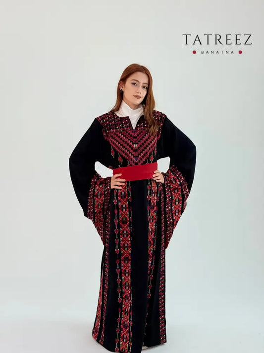 Stunning Hand Embroidered Black Abaya with Red Belt | Elegant Crepe Design Black Clothing & Wearables