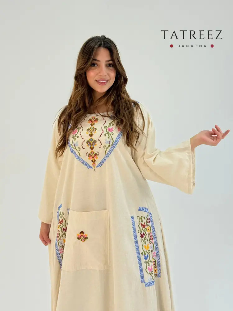Ammoora Palestinian Tatreez Dress | Handmade Embroidered Abaya | Modest Free Size Palestinian Embroidery Dress One size