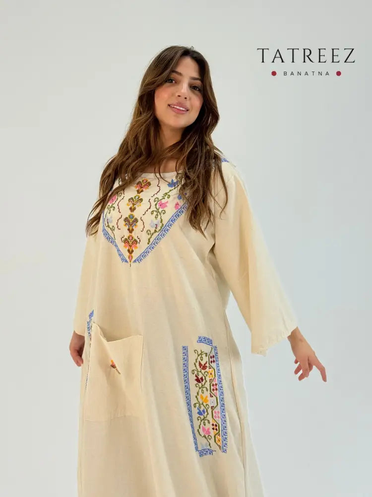 Ammoora Palestinian Tatreez Dress | Handmade Embroidered Abaya | Modest Free Size Palestinian Embroidery Dress One size
