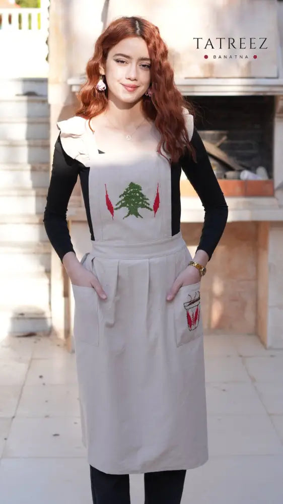 ARZ Apron: Handcrafted Light Beige with Lebanese Arz Tree & Finjan Embroidery - Light Beige - Clothing & Wearables