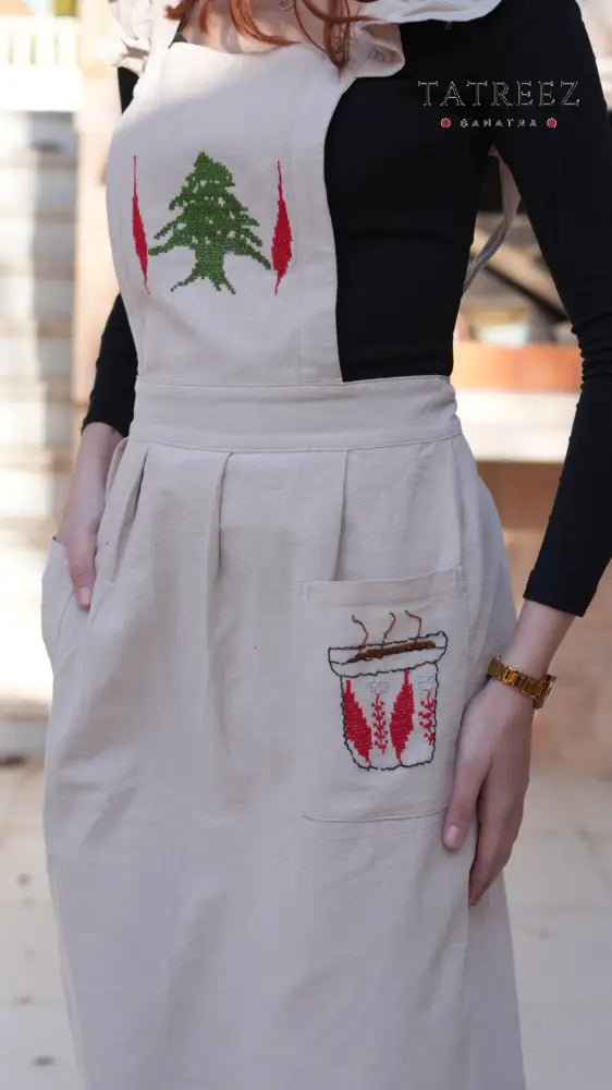 ARZ Apron: Handcrafted Light Beige with Lebanese Arz Tree & Finjan Embroidery - Light Beige - Clothing & Wearables