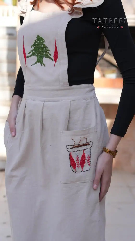 ARZ Apron: Handcrafted Light Beige with Lebanese Arz Tree & Finjan Embroidery - Light Beige - Clothing & Wearables