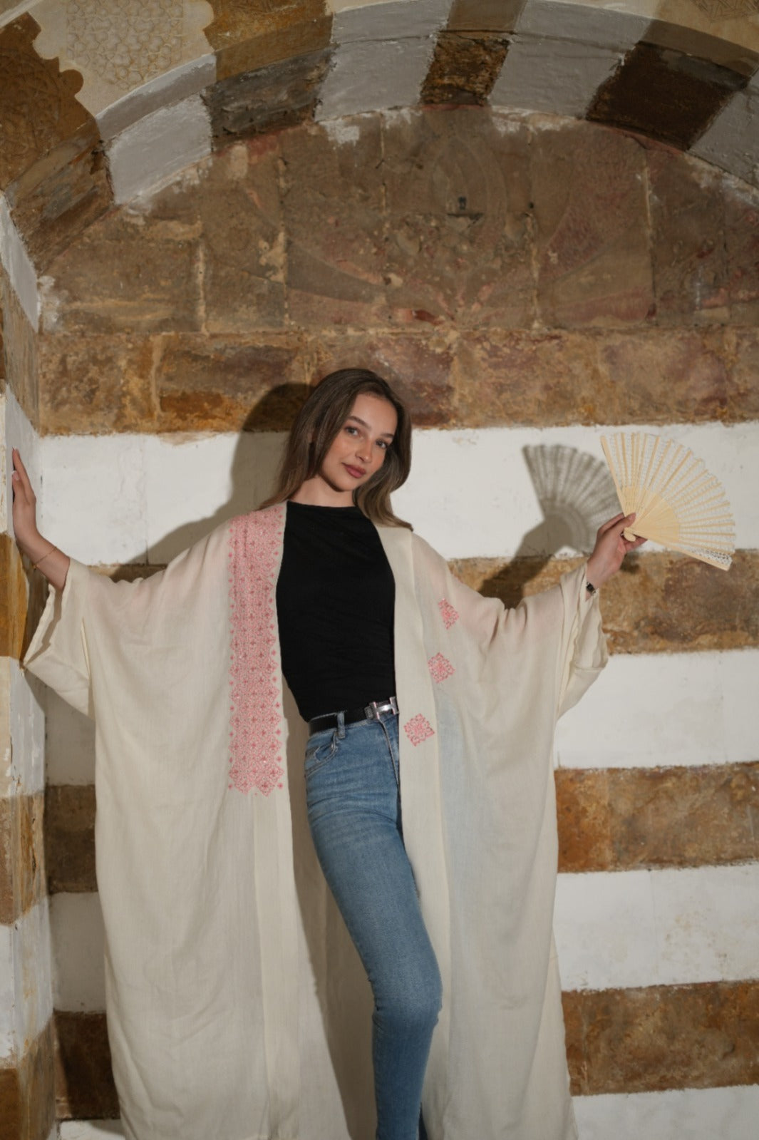 Handmade Powder Pink Embroidered Abaya | Tatreez Banatna