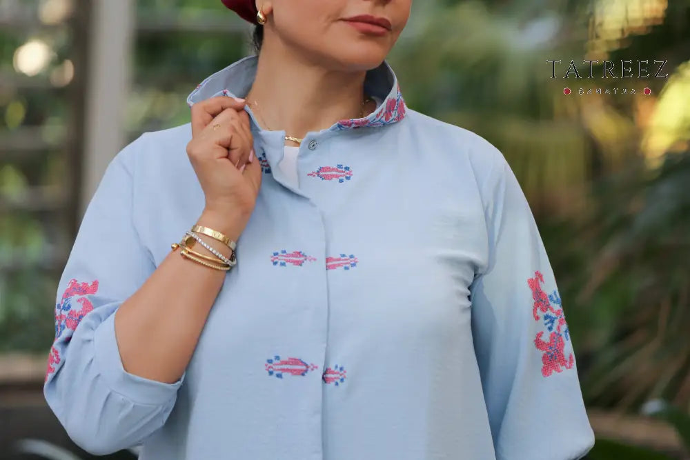 Cute Baby Blue Top Shirt with Fusion Embroidery - Cotton Clothing & Wearables