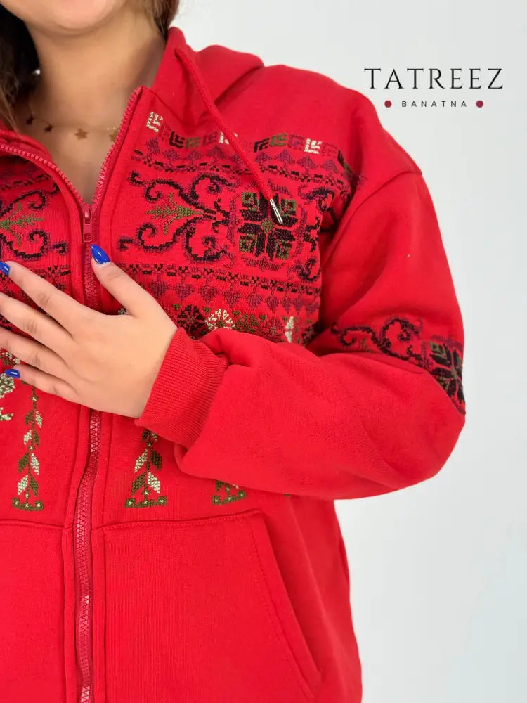 Banat Gaza Red Hoodie - Handmade Embroidery with Zipper | Empowering Women in Jordan Clothing & Wearables