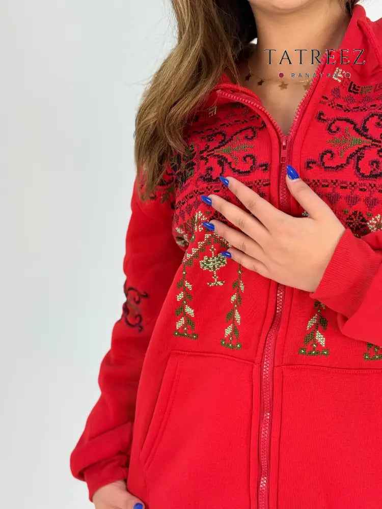 Banat Gaza Red Hoodie - Handmade Embroidery with Zipper | Empowering Women in Jordan Clothing & Wearables