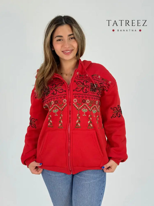 Banat Gaza Red Hoodie - Handmade Embroidery with Zipper | Empowering Women in Jordan Clothing & Wearables