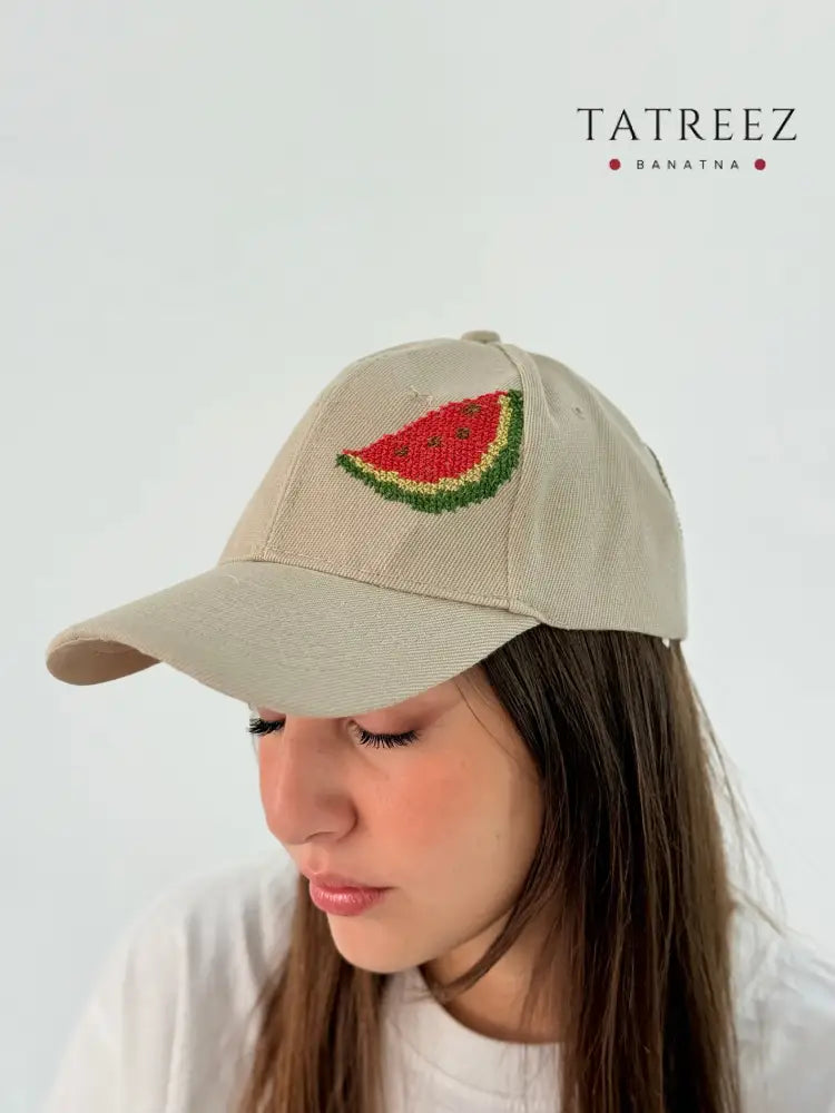 Beige Cap Hat with Embroidered Watermelon Design Clothing & Wearables
