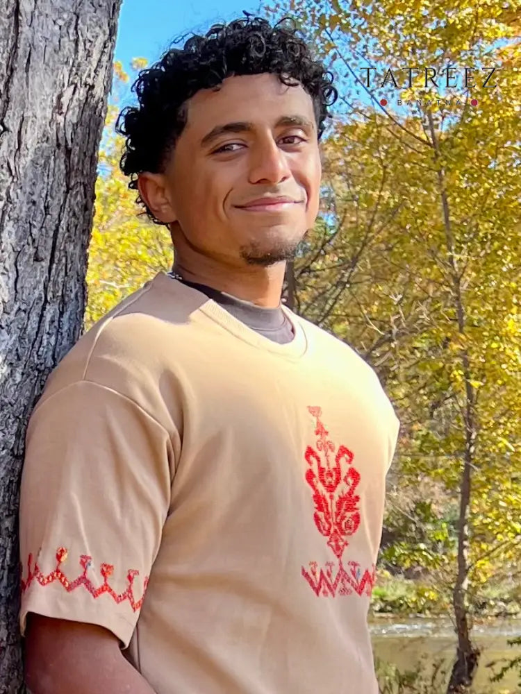 One-of-a-Kind Oversized Beige T-Shirt with Palestinian Tatreez Embroidery Clothing & Wearables
