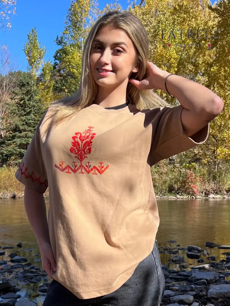One-of-a-Kind Oversized Beige T-Shirt with Palestinian Tatreez Embroidery Clothing & Wearables