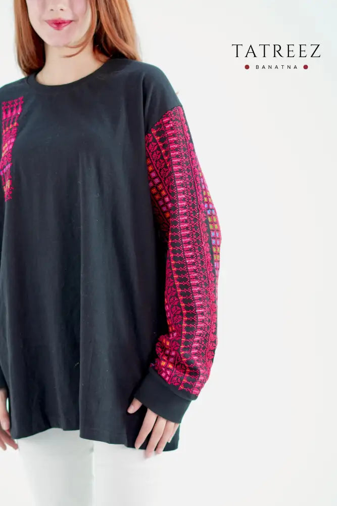Bissan Handcrafted Black Long Sleeve Cotton Top with Embroidery - Clothing & Wearables