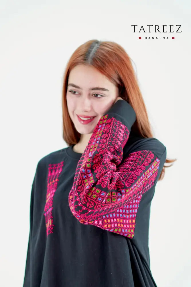 Bissan Handcrafted Black Long Sleeve Cotton Top with Embroidery - Clothing & Wearables