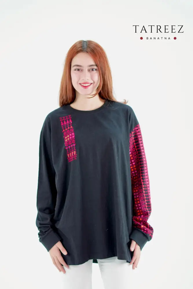 Bissan Handcrafted Black Long Sleeve Cotton Top with Embroidery - Clothing & Wearables